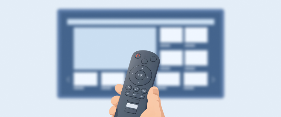 illustration of a smart tv with apps on the home screen with someones hand holding a tv remote