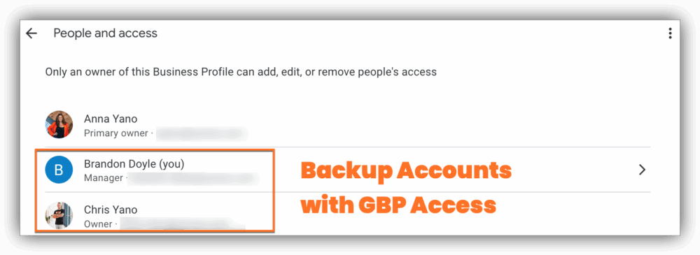 Google Business Profile with backup accounts as owner