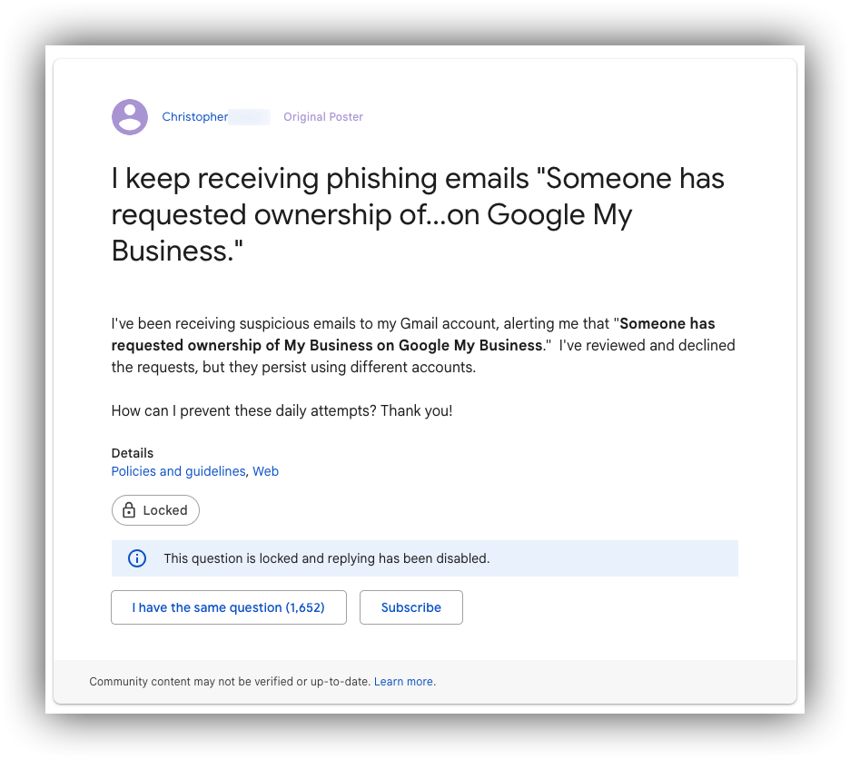 GBP community forum discussing the rise in Google Business Profile phishing scams