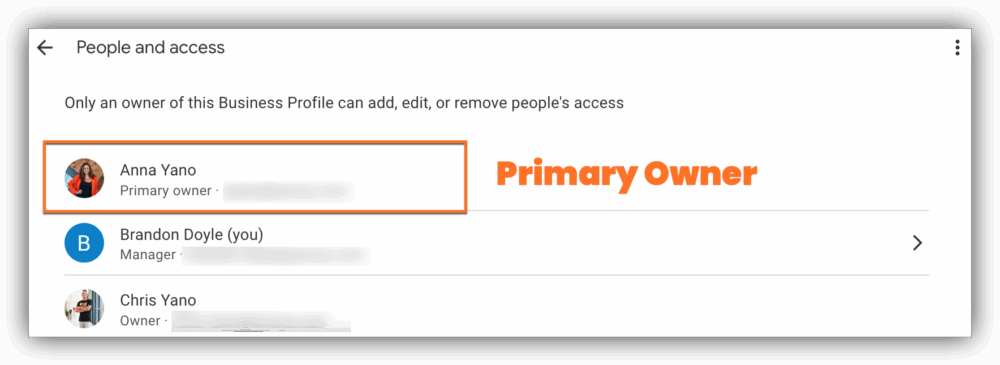 Google Business Profile manage users screen showing the profile's Primary Owner