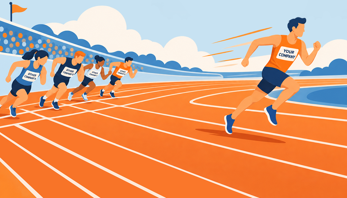 A footrace on a track. Starting line with multiple lanes, “your company”, “other company A", B, etc, with “your company” way out in front.