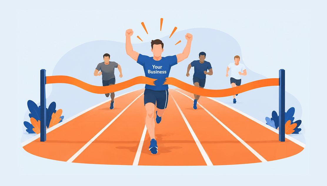 A finish line on a track with a runner labeled  "Your Business" breaking the tape and crossing first